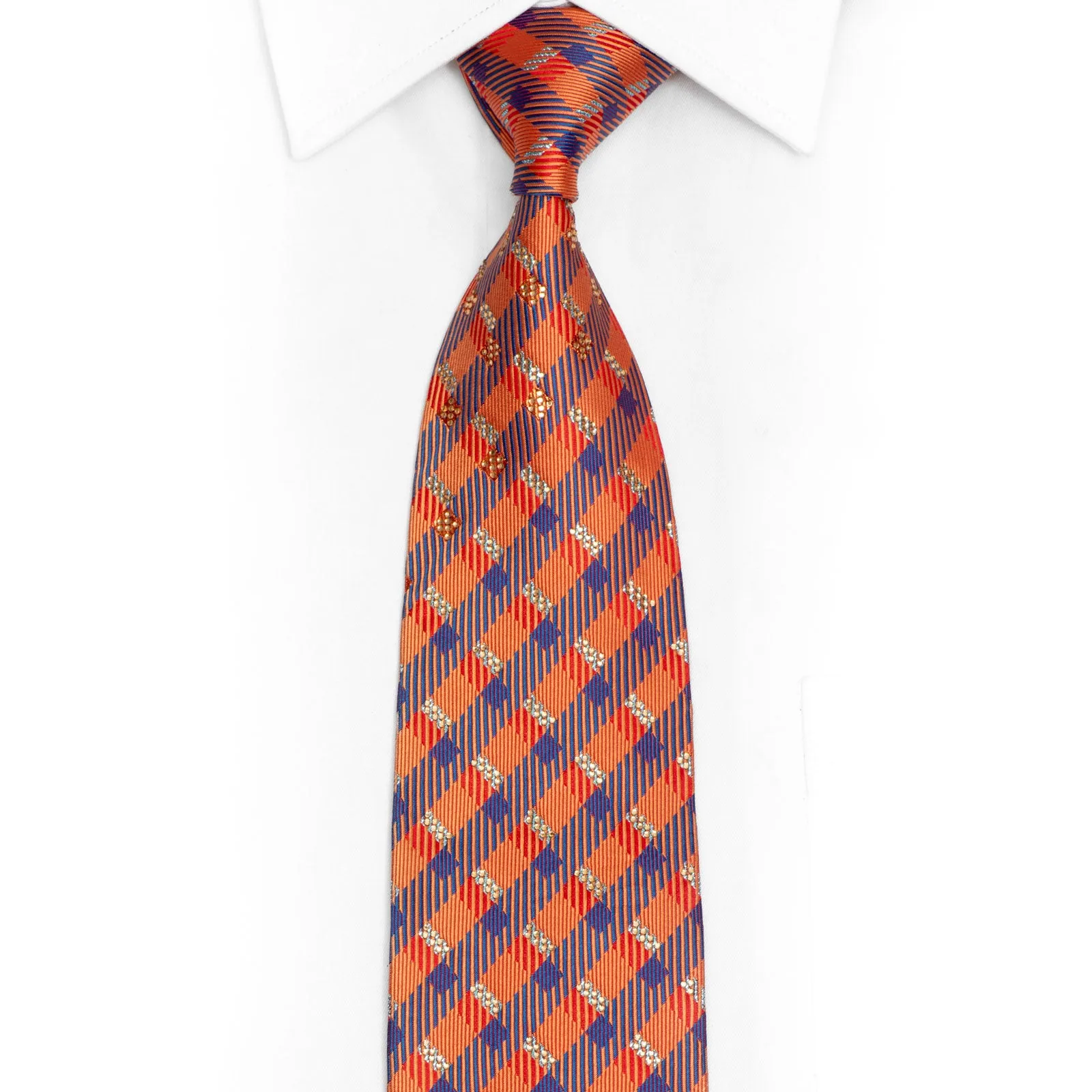 Orange Blue Checkered Rhinestone Silk Necktie With Silver Sparkles