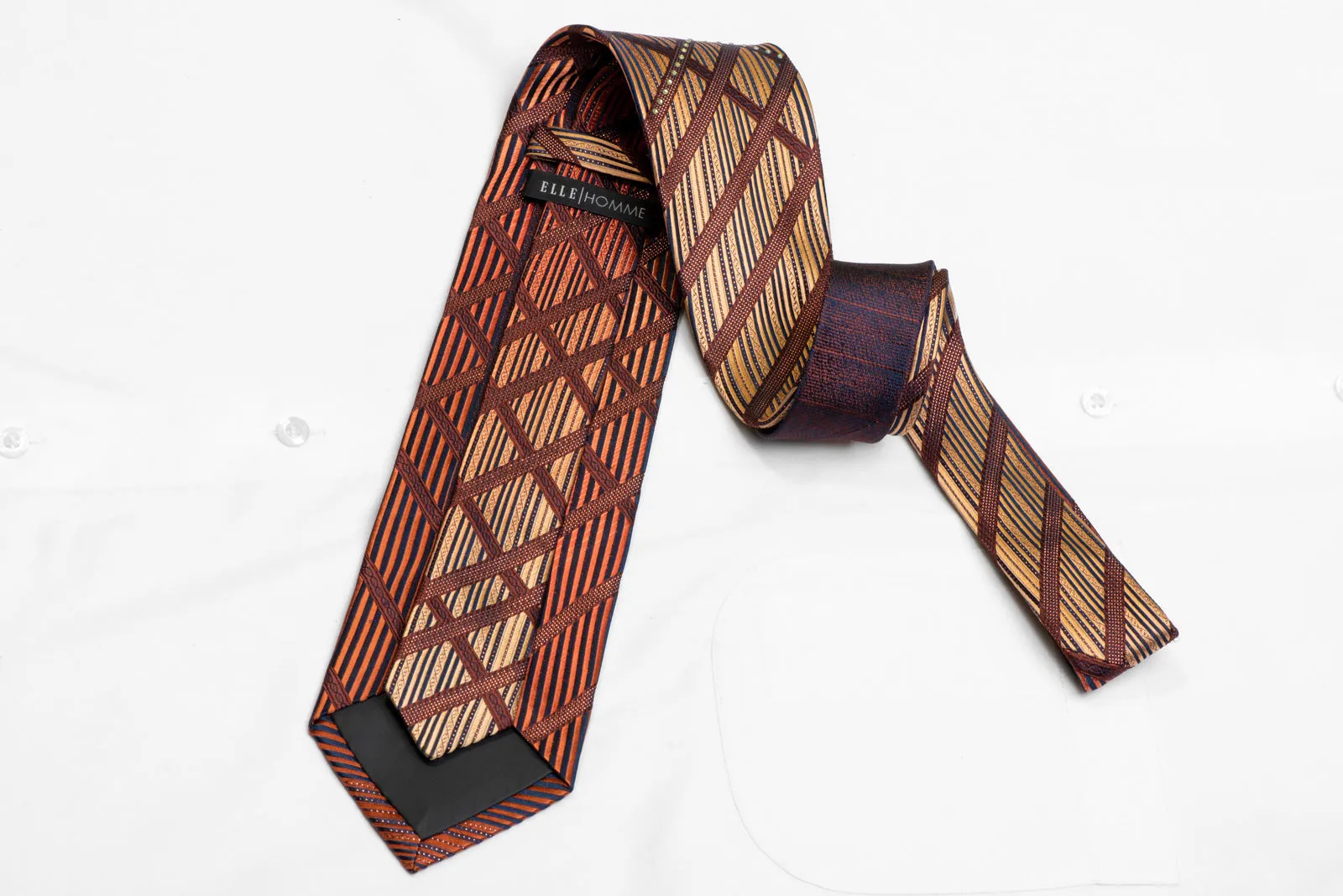 Orange Blue Striped Rhinestone Silk Necktie With Orange Sparkles