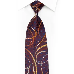 Orange Brown Scrolls On Navy Rhinestone Silk Tie With Silver Sparkles