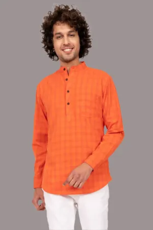 Orange Checks Cotton Short Kurta