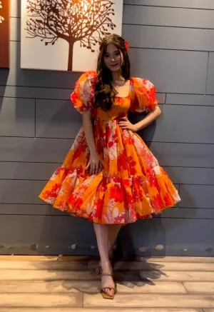 Orange Color Floral Printed Organza Dress