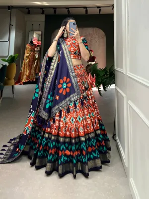 Orange Color Patola Print With Foil Work Tussar Silk Lehnga Choli