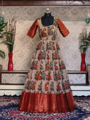 Orange Color printed And Weaving Border Work Soft Cotton Gown