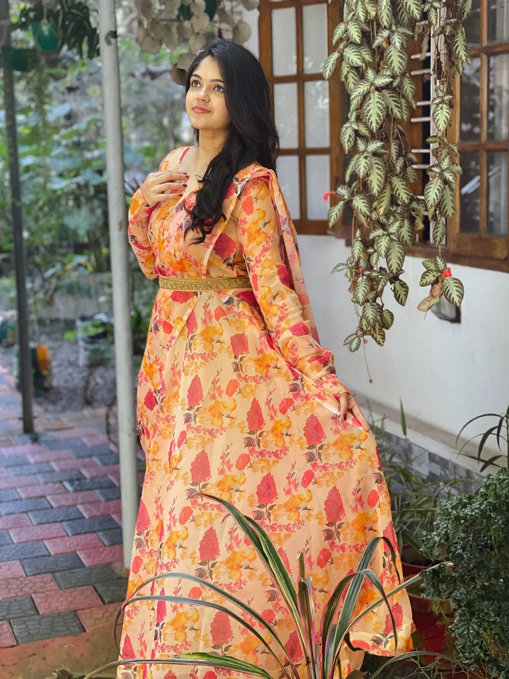 Orange Color Printed Georgette Gown