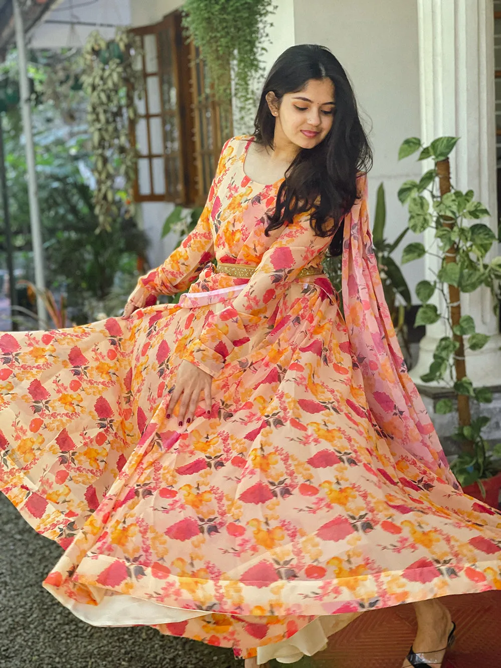 Orange Color Printed Georgette Gown