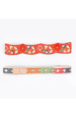 Orange Embroidered Tapestry Ethnic Headband - Set Of 2