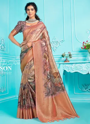 Orange Floral Digital Printed Organza Silk Saree