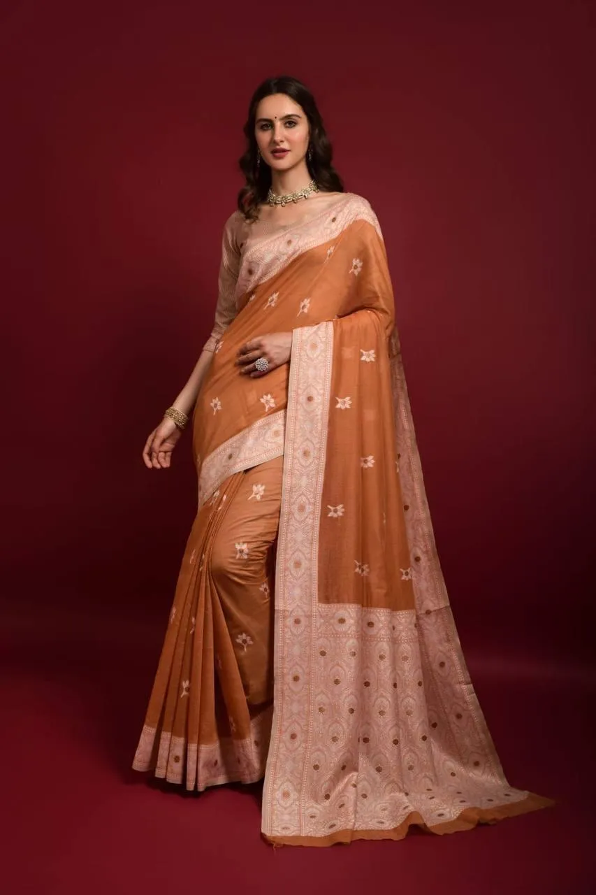 Orange Floral Lucknowi Chikankari  Saree