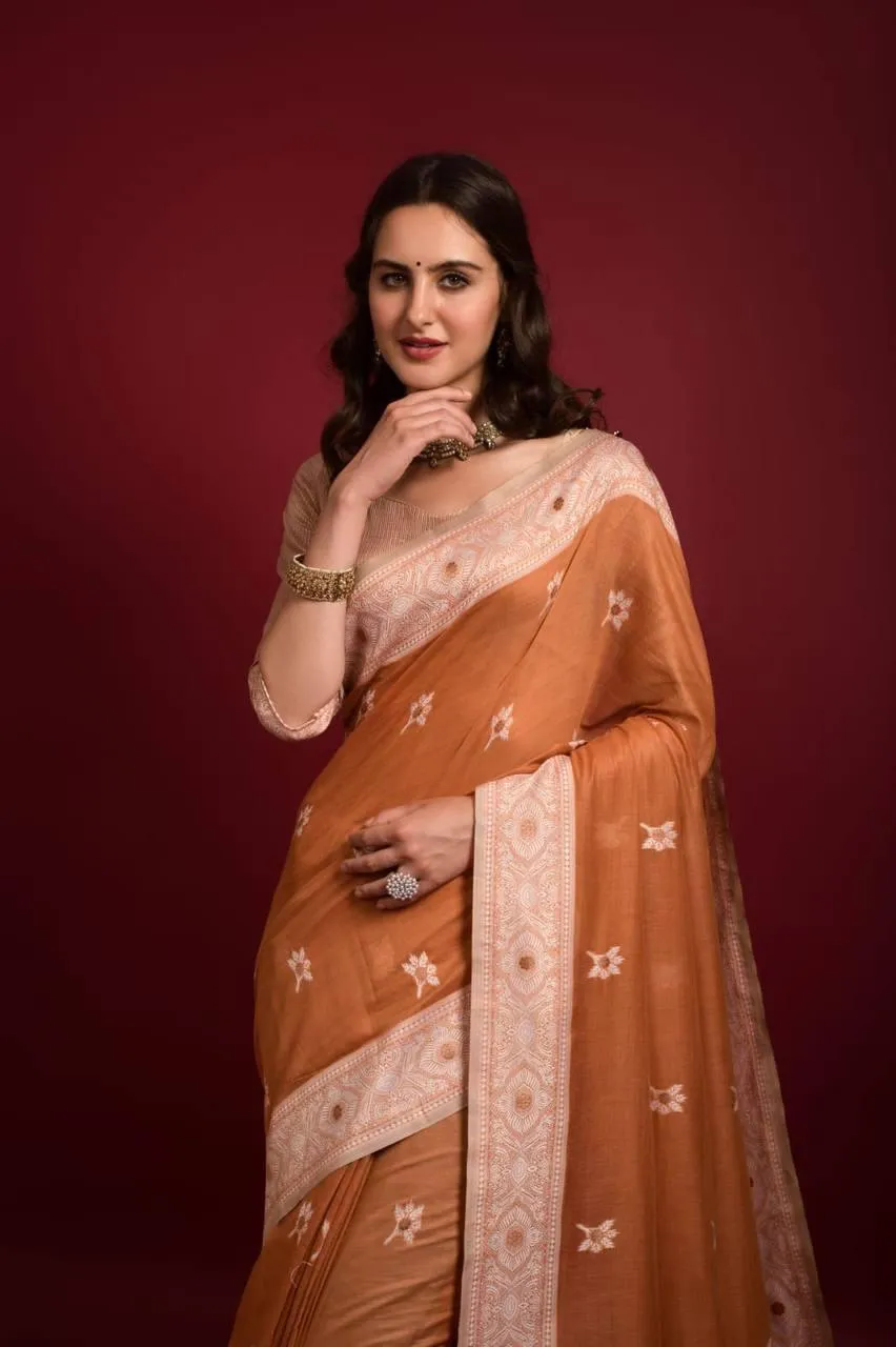 Orange Floral Lucknowi Chikankari  Saree