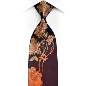 Orange Floral On Navy Rhinestone Silk Necktie