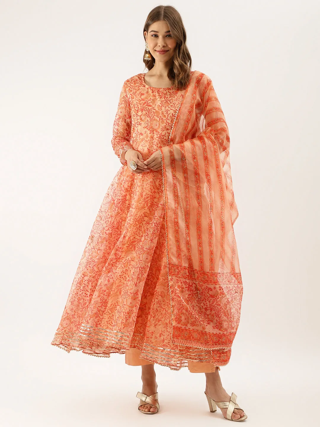 Orange Floral Print Organza Anarkali Kurta set with Dupatta