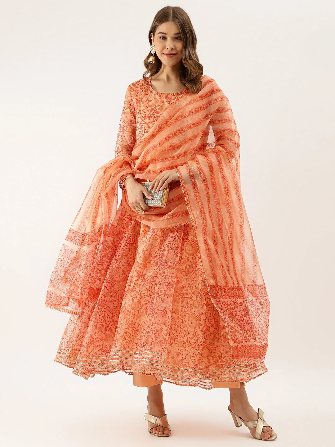 Orange Floral Print Organza Anarkali Kurta set with Dupatta