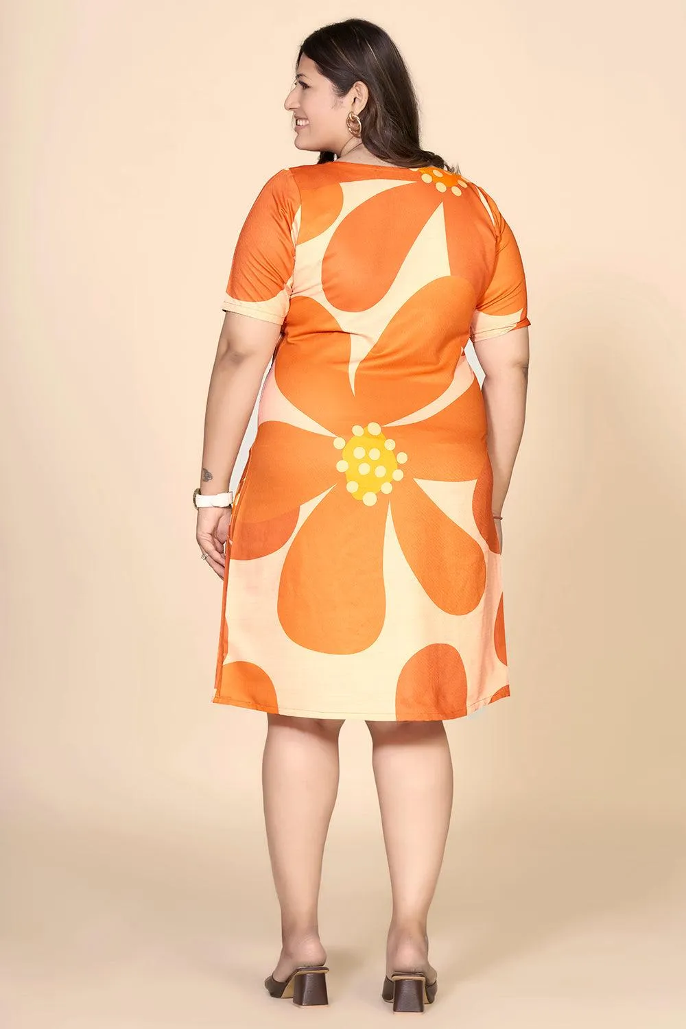 Orange Floral Printed Straight Dress