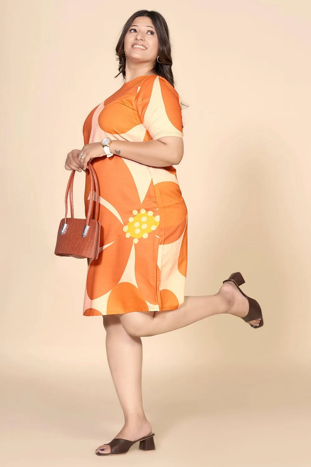 Orange Floral Printed Straight Dress