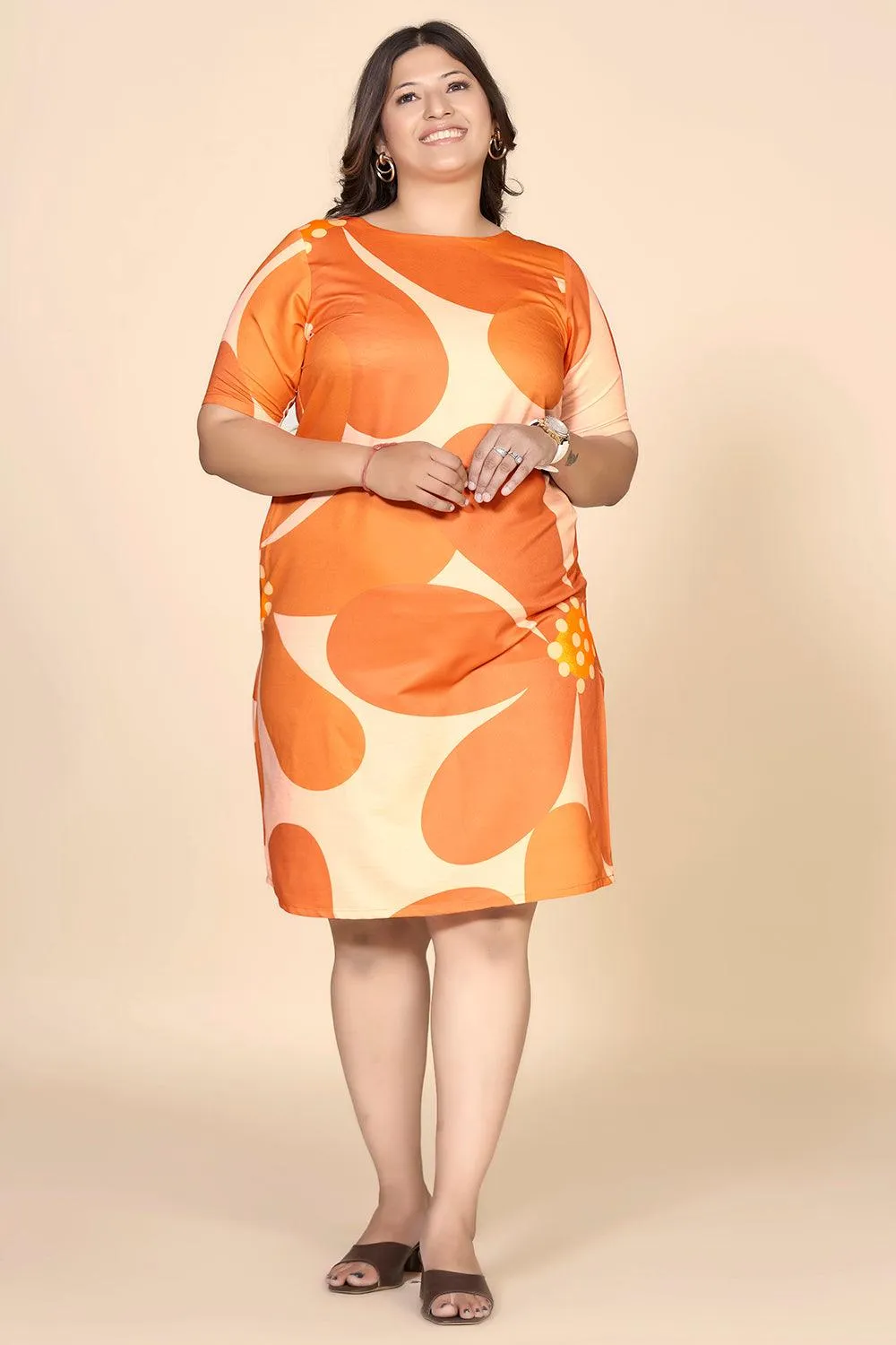 Orange Floral Printed Straight Dress