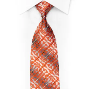 Orange Geometric On Silver Rhinestone Necktie With Silver Sparkles