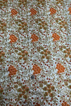 Orange-Gold Flowers on Cream Embroidered Silk