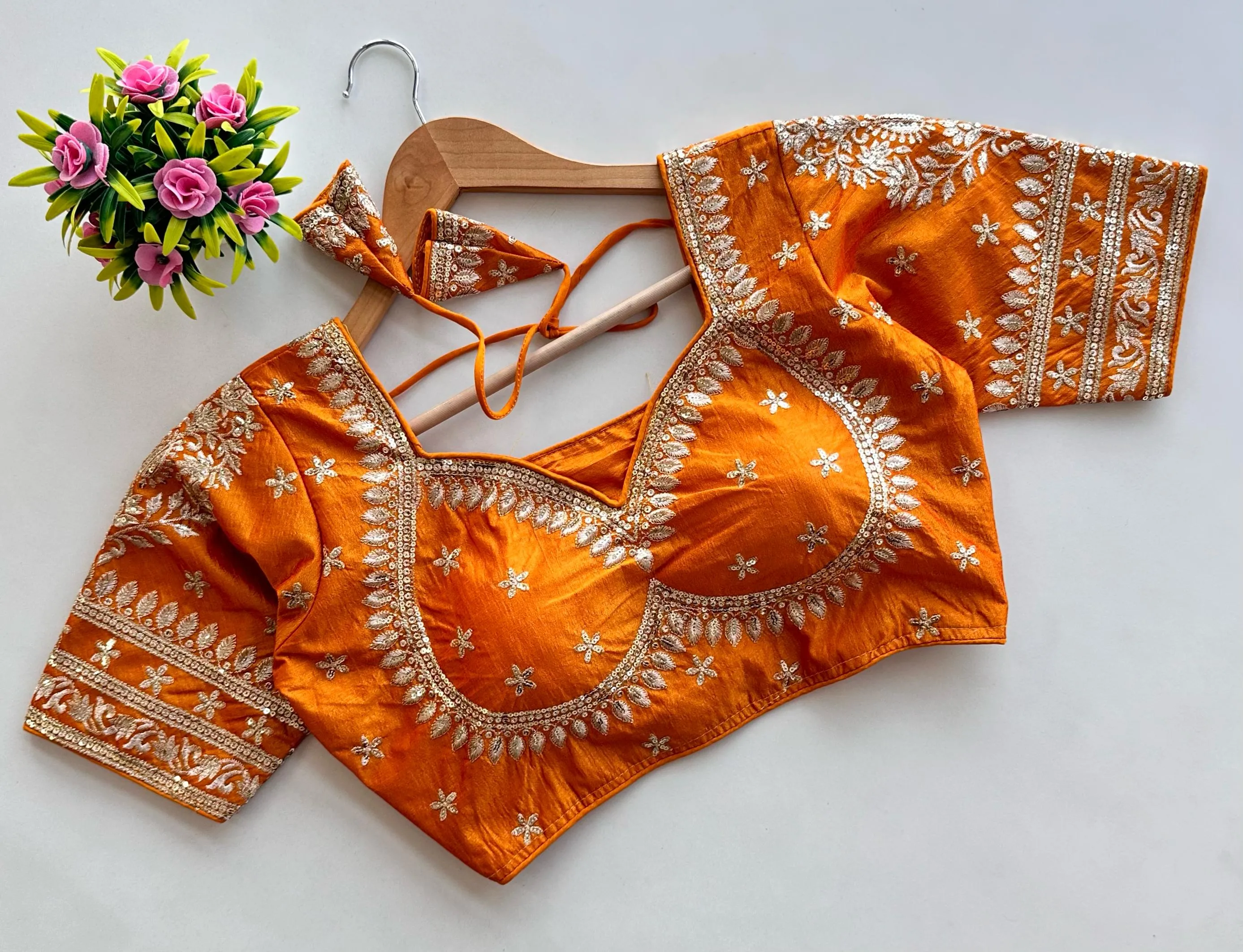 Orange Golden Embroidered Blubbery Silk Blouse with Sequins