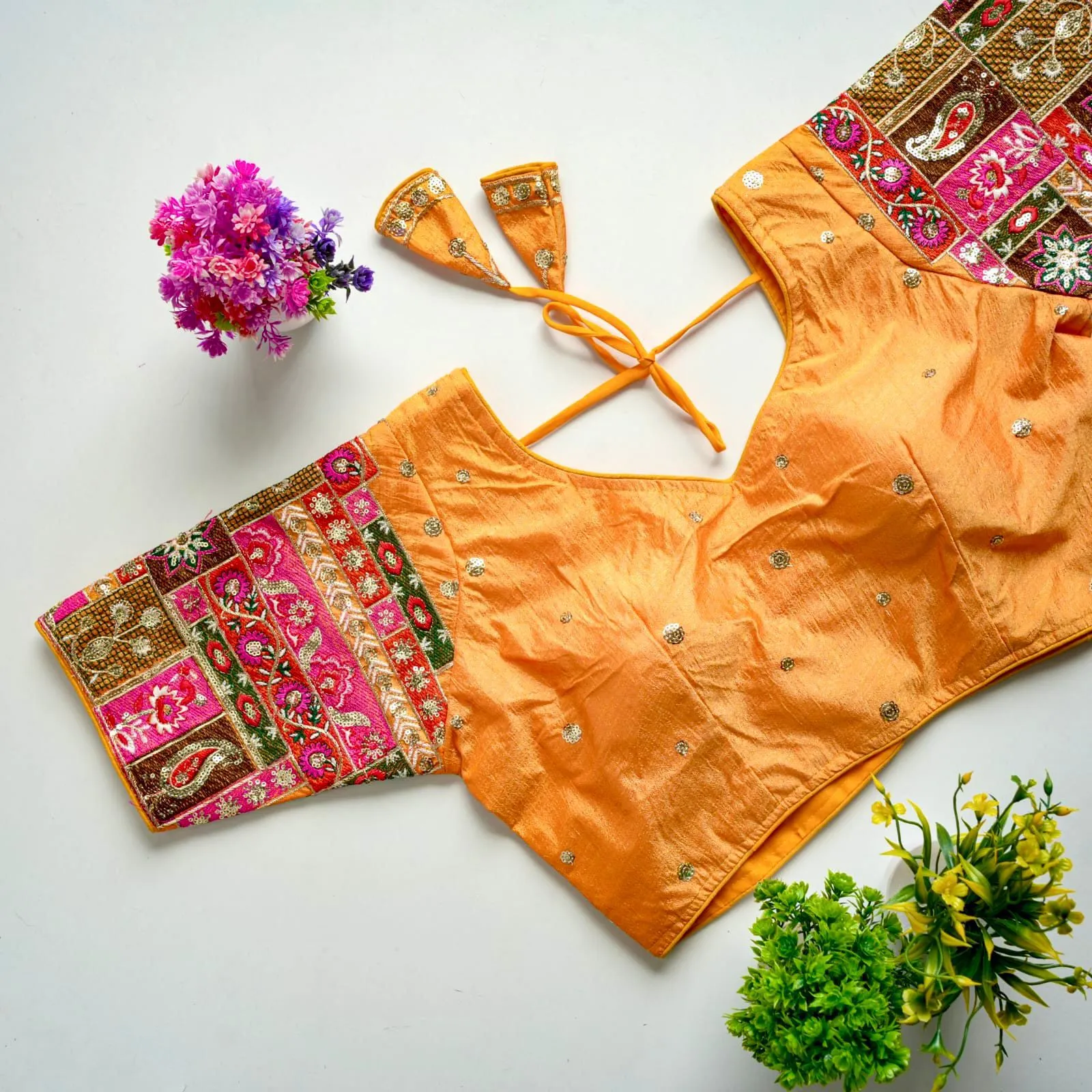 Orange Golden Embroidered Seoul Silk Blouse with Sequins