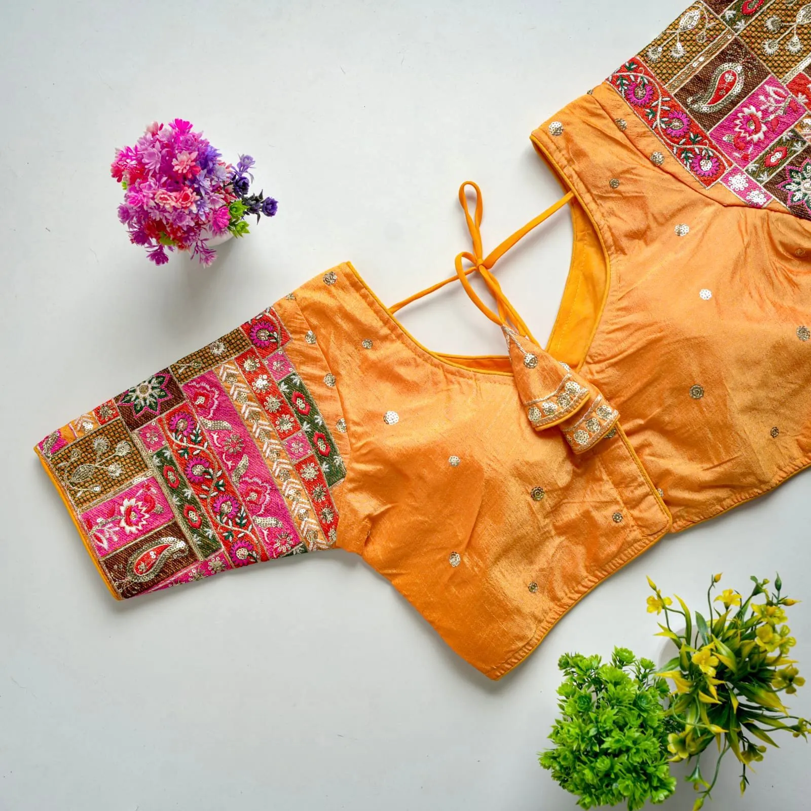 Orange Golden Embroidered Seoul Silk Blouse with Sequins