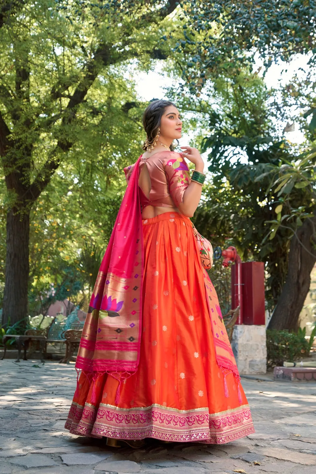 Orange Jacquard Silk Paithani Lehenga Choli Set