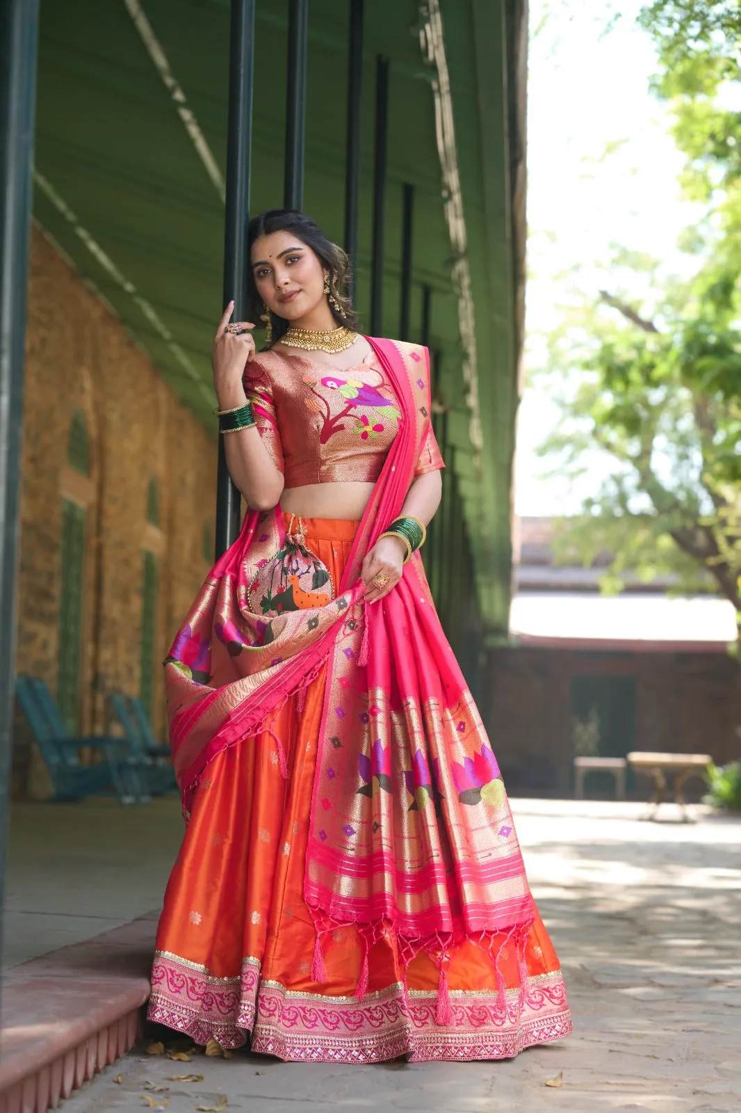 Orange Jacquard Silk Paithani Lehenga Choli Set