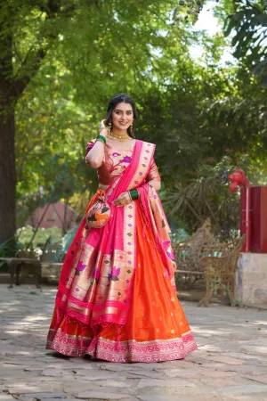 Orange Jacquard Silk Paithani Lehenga Choli Set