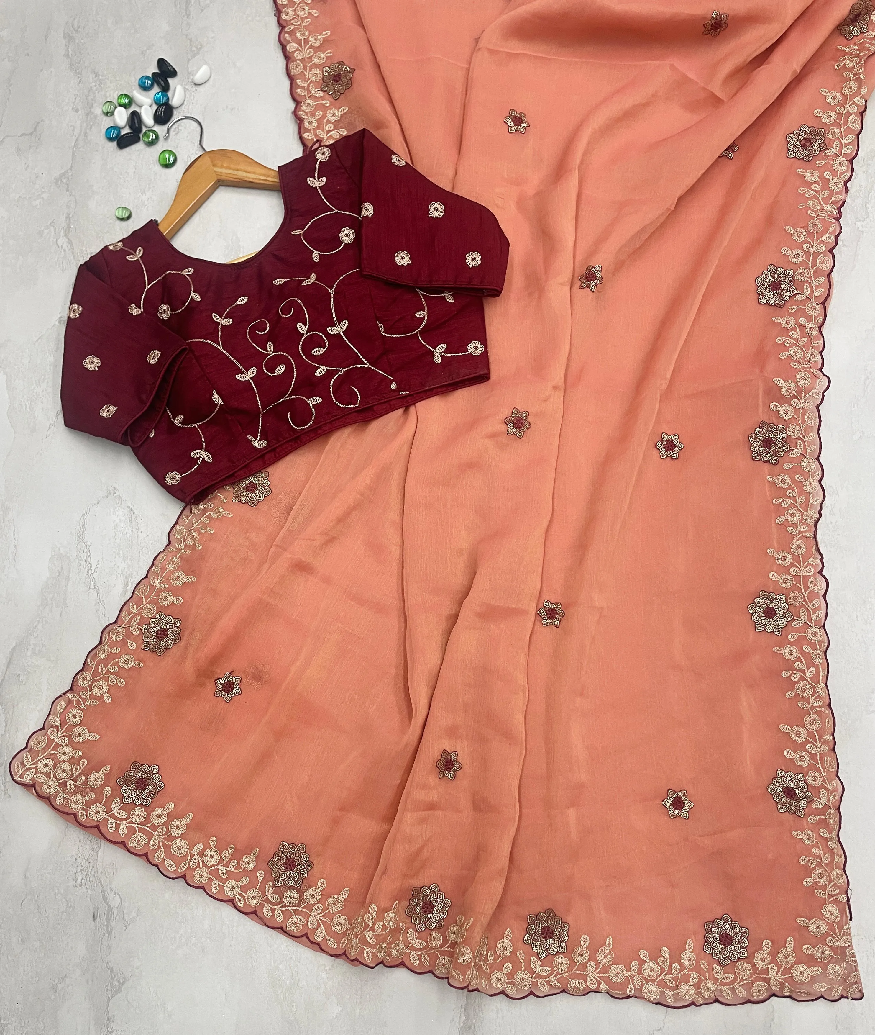 Orange Kasoli Silk Saree with Beautiful Embroidery and Contrast Thread Work