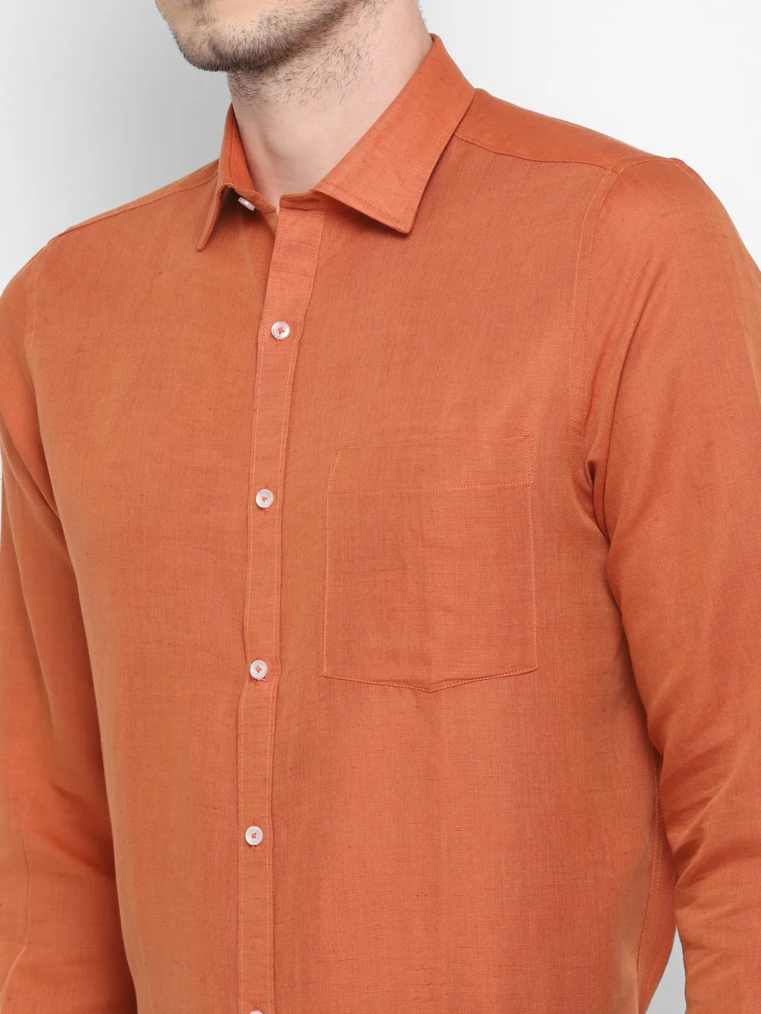 Orange Linen Solid Slim Fit Shirt