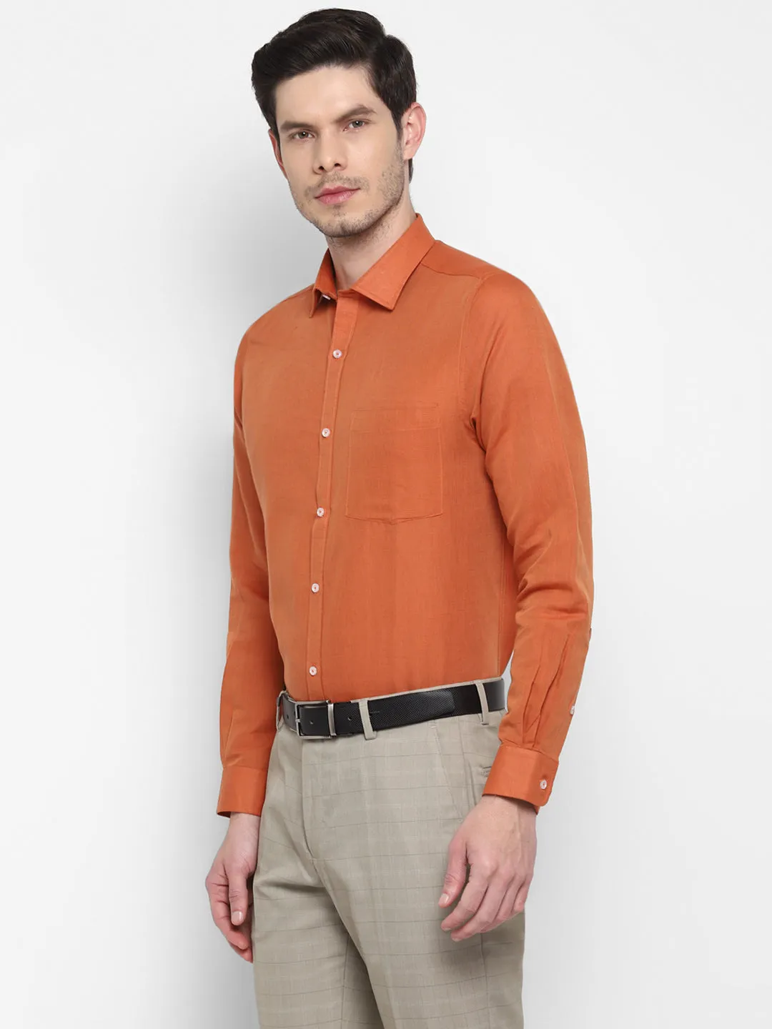 Orange Linen Solid Slim Fit Shirt