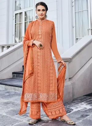 Orange Lucknowi Embroidered Pants Style Suit