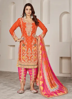 Orange Multi Embroidered Kurti And Dhoti Style Pant Suit