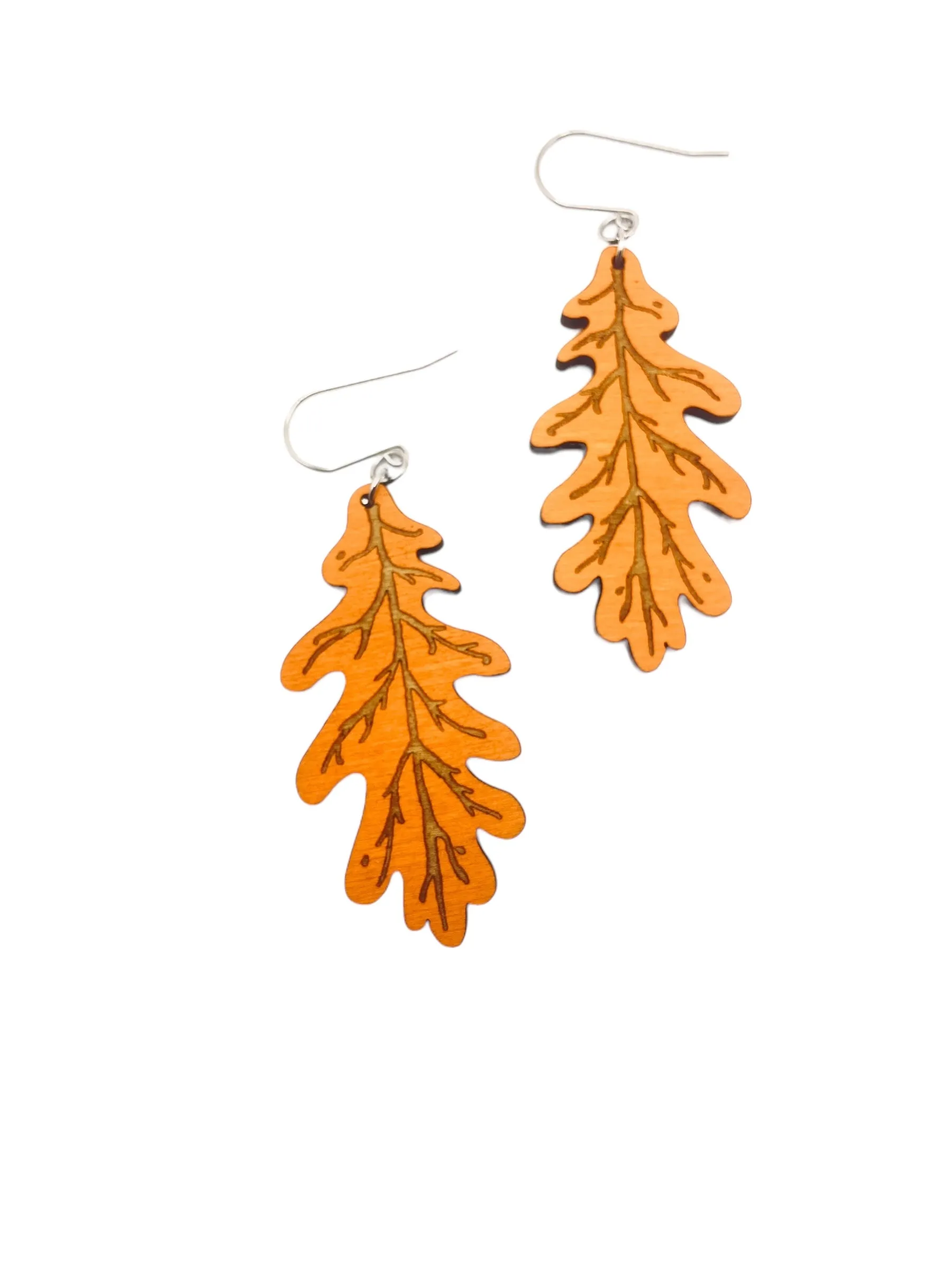 Orange Oak Leaf Earrings, Laser Cut Wooden Earrings, Hypoallergenic, Made in Vermont