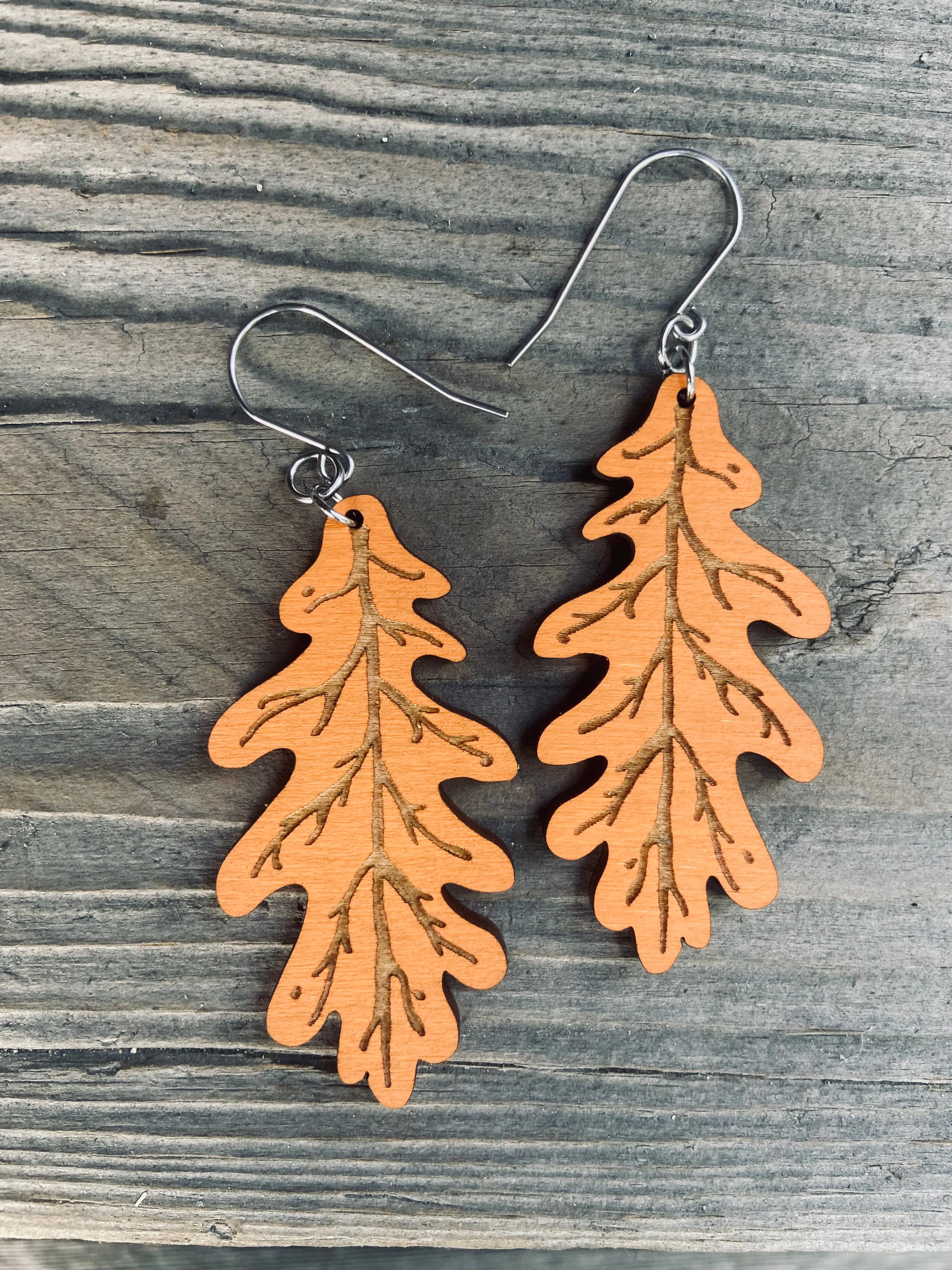 Orange Oak Leaf Earrings, Laser Cut Wooden Earrings, Hypoallergenic, Made in Vermont