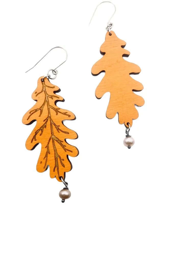 Orange Oak Leaf Earrings, Laser Cut Wooden Earrings, Hypoallergenic, Made in Vermont