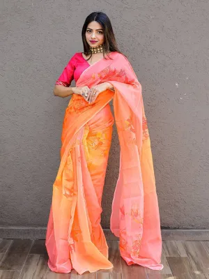 Orange Organza Printed Foil Print Saree