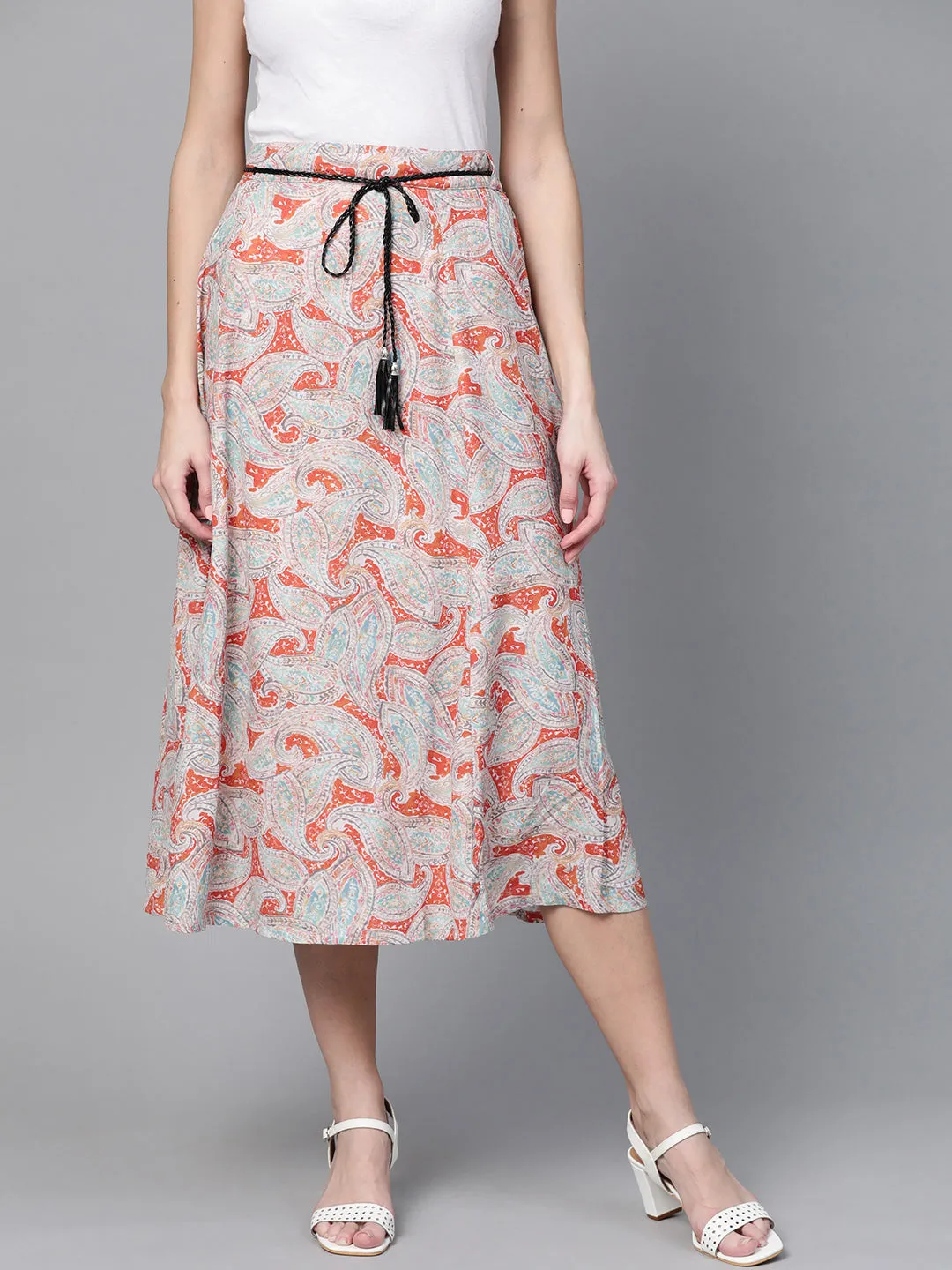 Orange Paisley Flared Belted Skirt