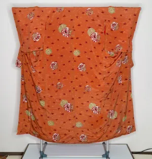 Orange Paper Cranes Kimono - Vintage 1960s Retro Traditional Abstract Circle Maru Floral Designs