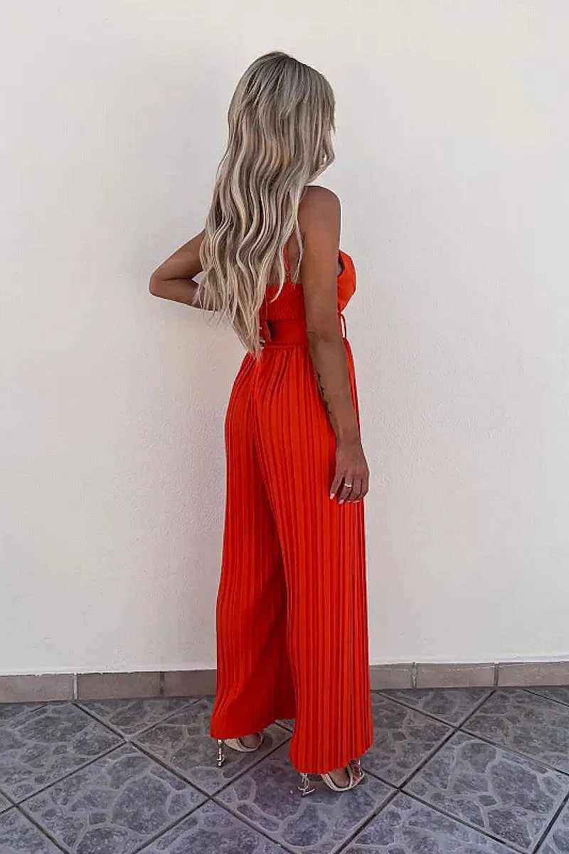 Orange Plisse Pleat Buckle Belt Wide Leg Jumpsuit