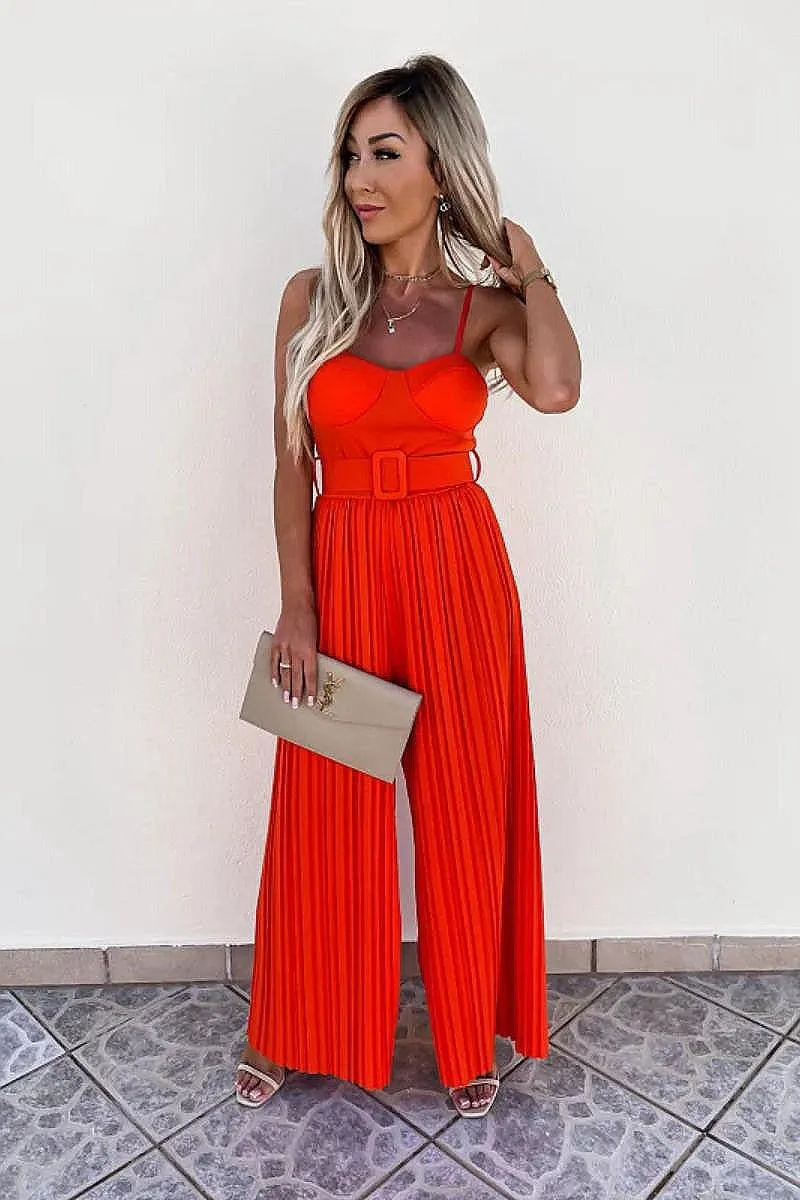 Orange Plisse Pleat Buckle Belt Wide Leg Jumpsuit