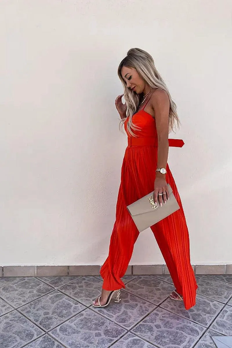 Orange Plisse Pleat Buckle Belt Wide Leg Jumpsuit