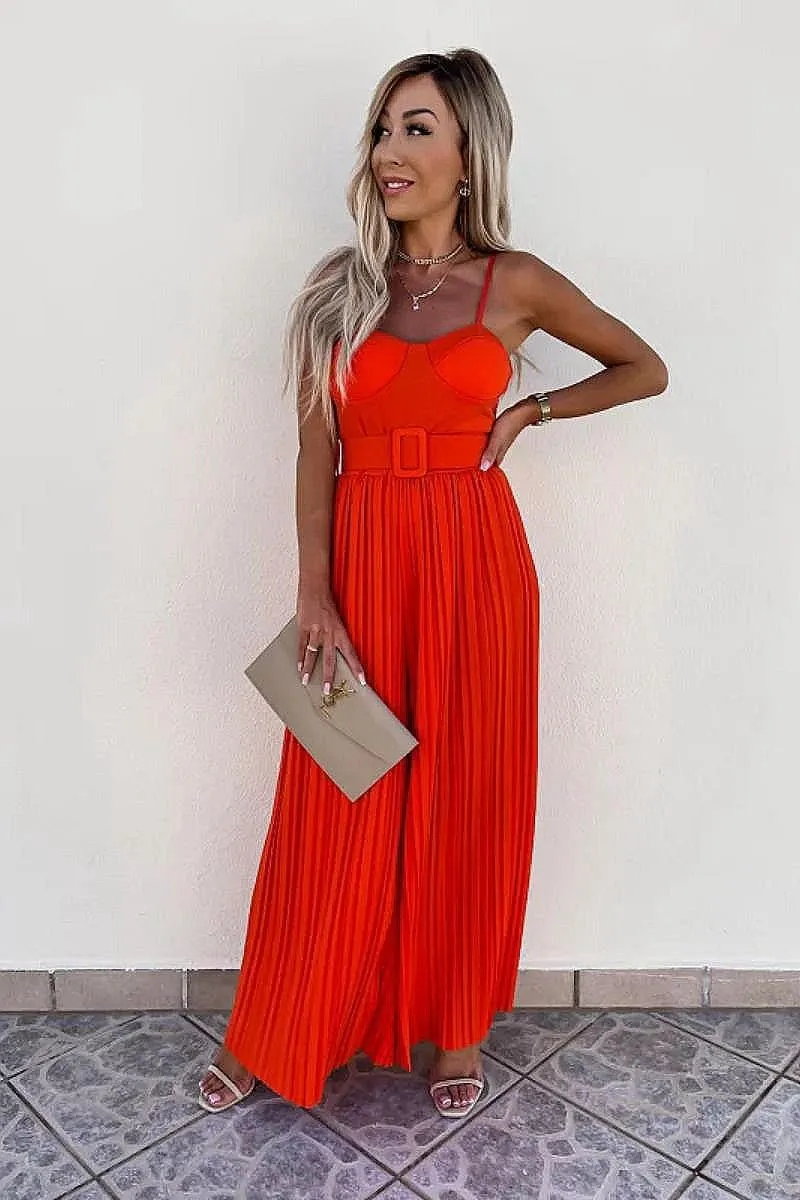 Orange Plisse Pleat Buckle Belt Wide Leg Jumpsuit