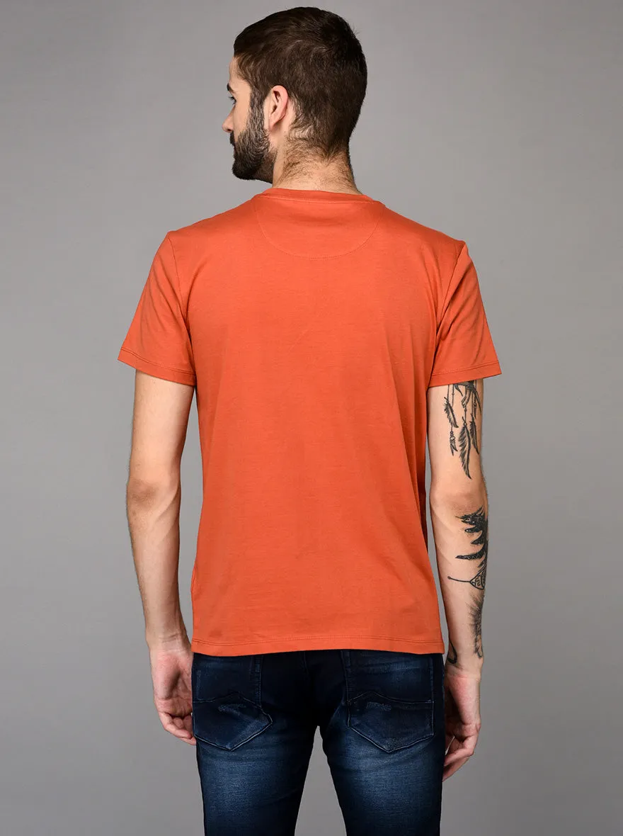 Orange Printed Slim Fit Round Neck T-Shirt | JadeBlue