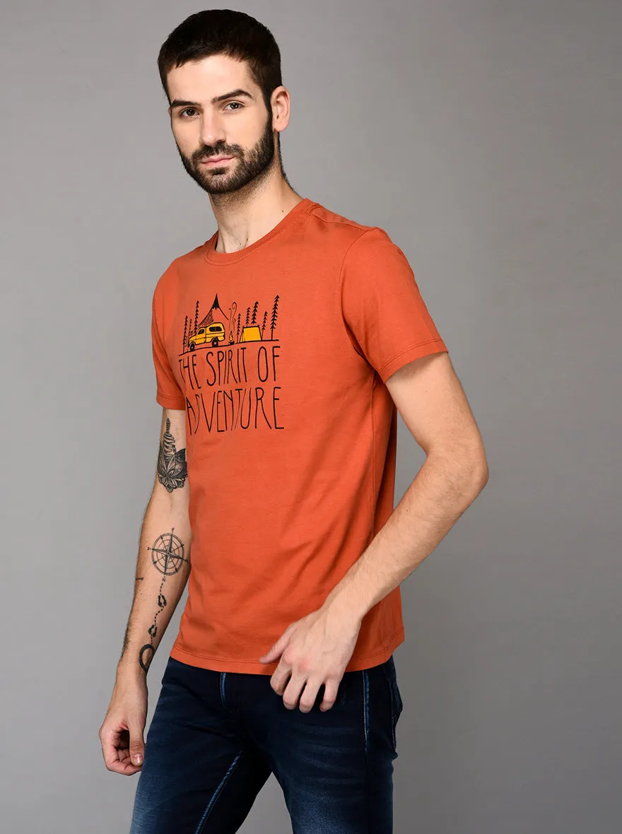 Orange Printed Slim Fit Round Neck T-Shirt | JadeBlue