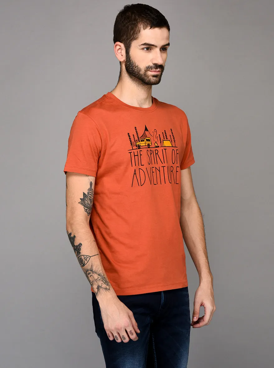 Orange Printed Slim Fit Round Neck T-Shirt | JadeBlue