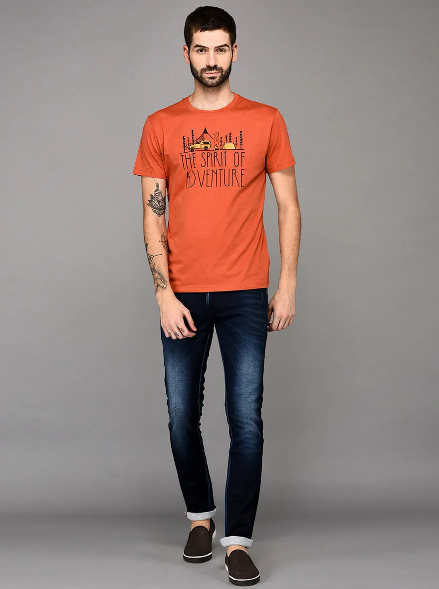 Orange Printed Slim Fit Round Neck T-Shirt | JadeBlue