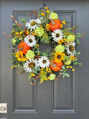 Orange Pumpkin Wreath with White and Yellow Sunflowers