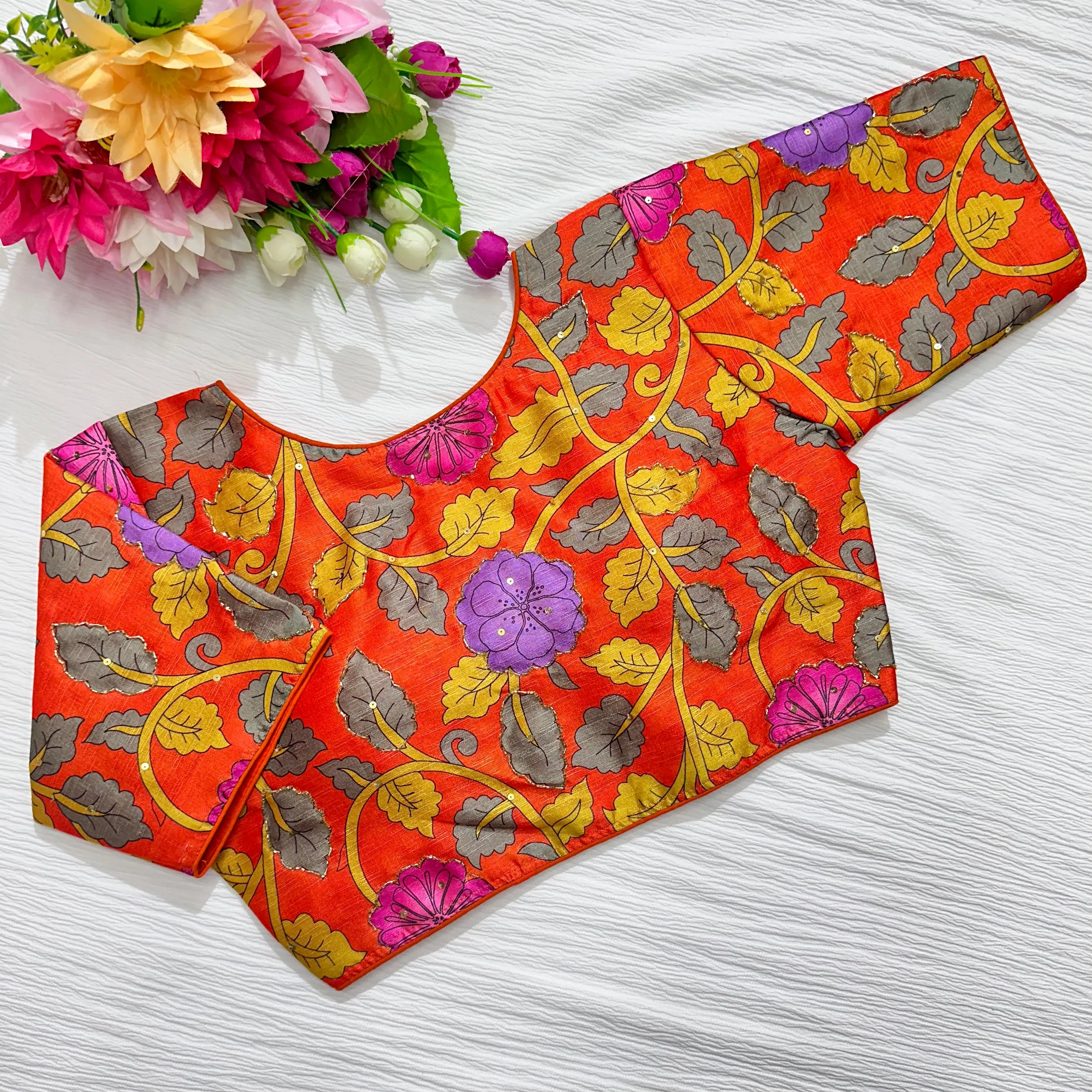 Orange Pure Silk Blouse with Antique Handcrafted Detailing