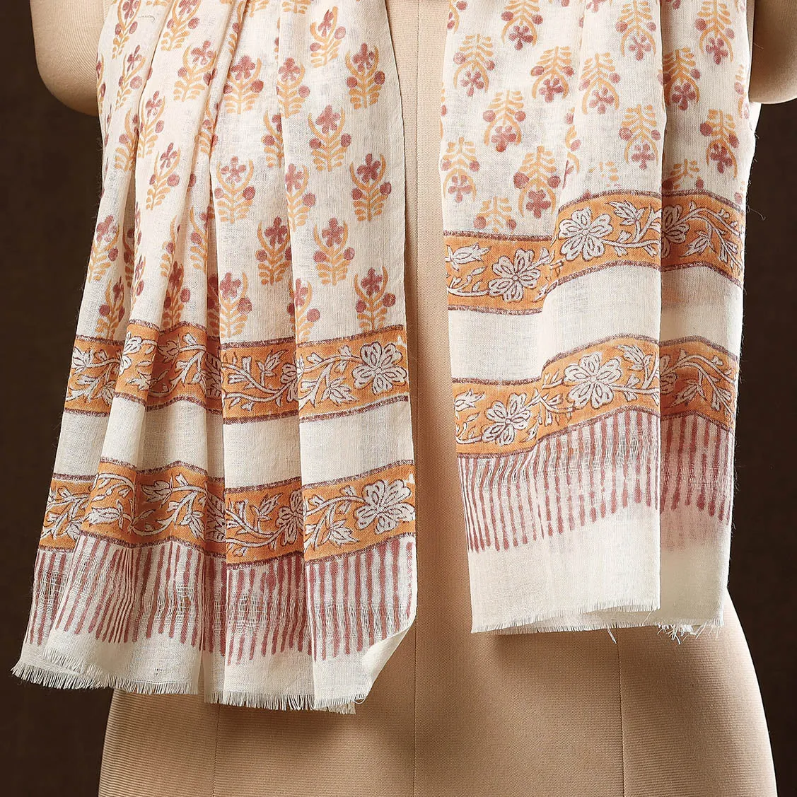 Orange - Pure Wool Sanganeri Hand Block Printed Stole