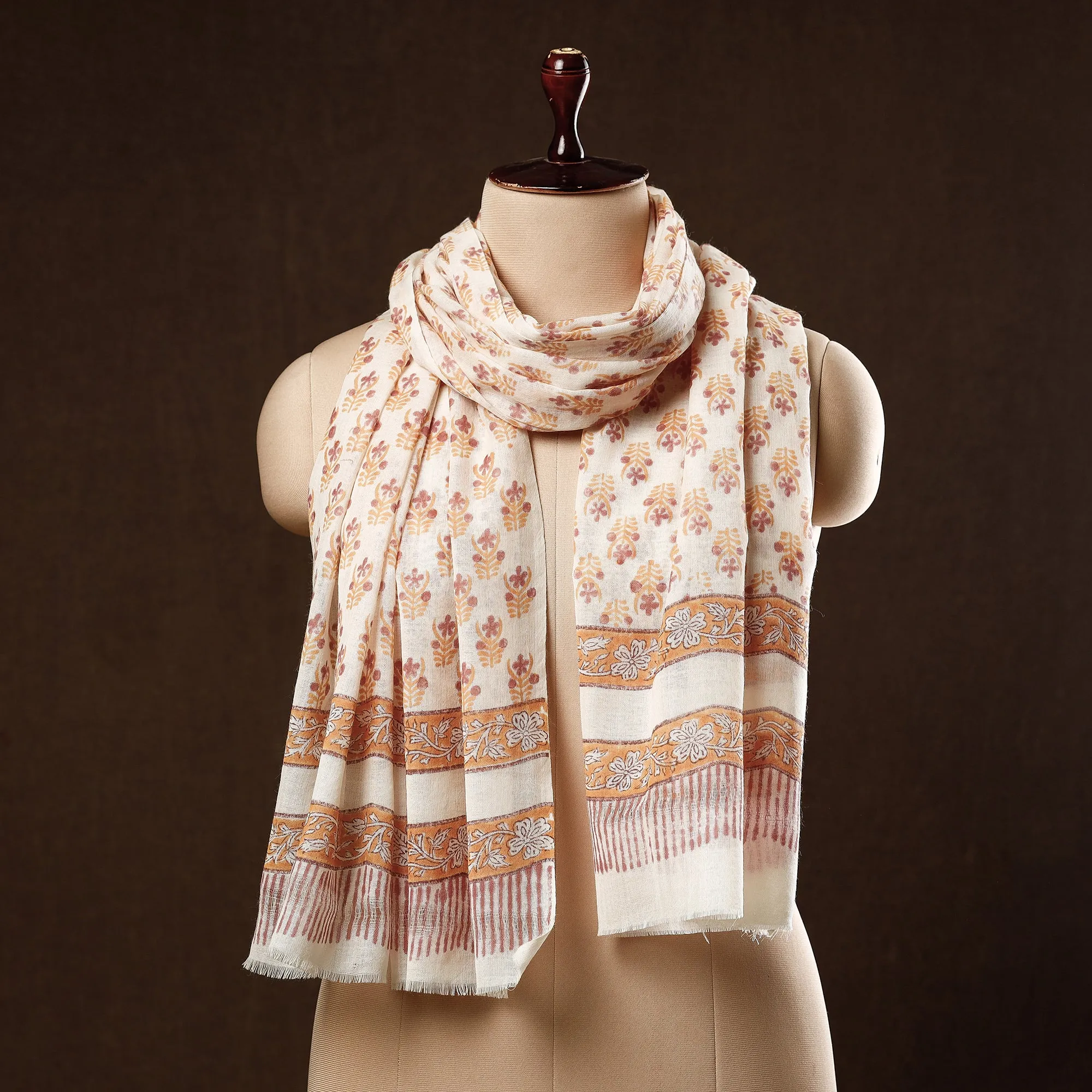 Orange - Pure Wool Sanganeri Hand Block Printed Stole